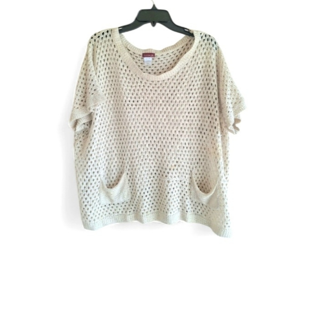 Fashion Ai 2X Beige Open Knit Mesh Crochet Sweater Top w/ Front Pockets